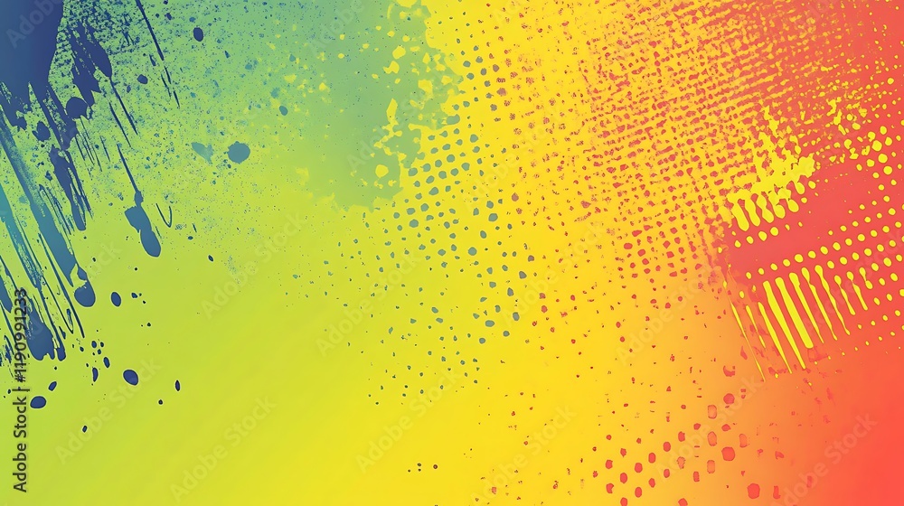 Poster Colorful gradient background with textured brush strokes and halftone dots