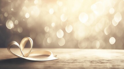 Golden ribbon in heart shape on wooden surface, with dreamy bokeh background in warm tones, symbolizing love and celebration