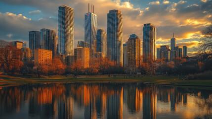 Fototapeta premium The image captures sharp reflections of clouds and sunlight on the buildings, emphasizing their height and design.