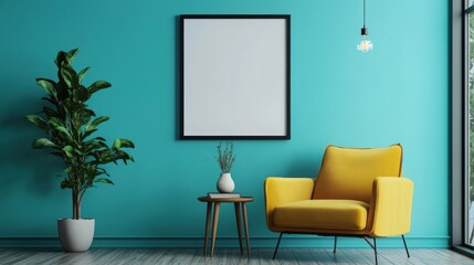 Teal Room Interior Design with Yellow Armchair