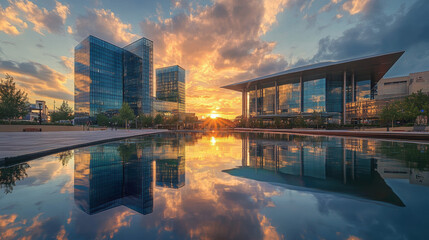Fototapeta premium The image captures sharp reflections of clouds and sunlight on the buildings, emphasizing their height and design.