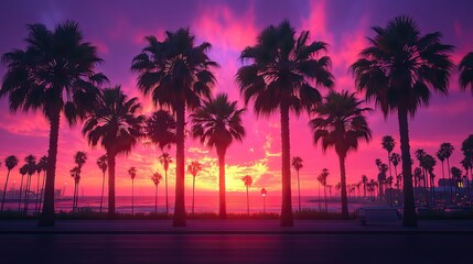 Tall palm trees appear as dark silhouettes against a sky fading from purple to pink, setting a cinematic mood at dusk