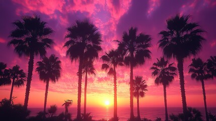 Tall palm trees appear as dark silhouettes against a sky fading from purple to pink, setting a cinematic mood at dusk
