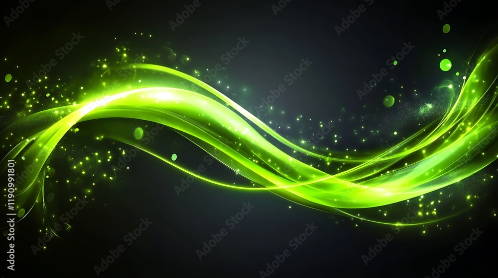 Poster Glowing green wave with sparkling particles on dark background for digital art