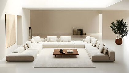 Stylish Minimalism: A Cream, Beige, and White Living Room with Contemporary Sofa, Coffee Table, and Inviting Natural Light from Above, Generative Ai