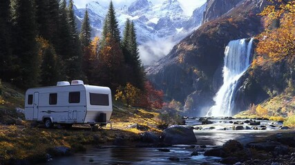 Stunning Mountain Landscape with Caravan by Waterfall