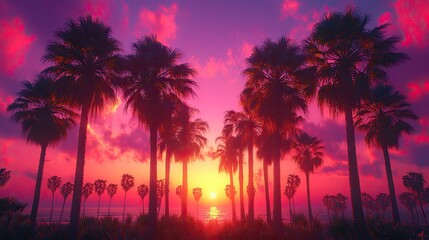 Tall palm trees appear as dark silhouettes against a sky fading from purple to pink, setting a cinematic mood at dusk