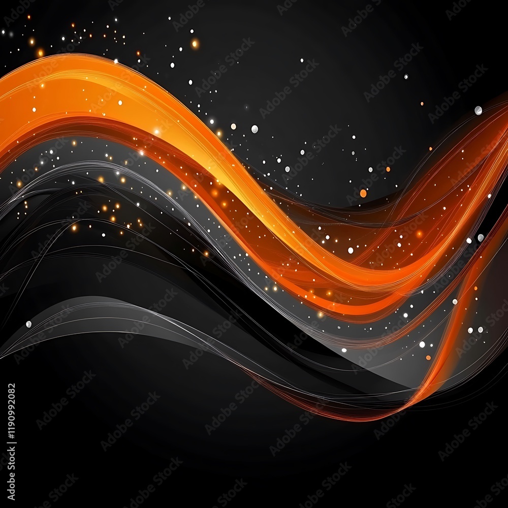 Poster orange waves with sparkles on a black background for abstract designs