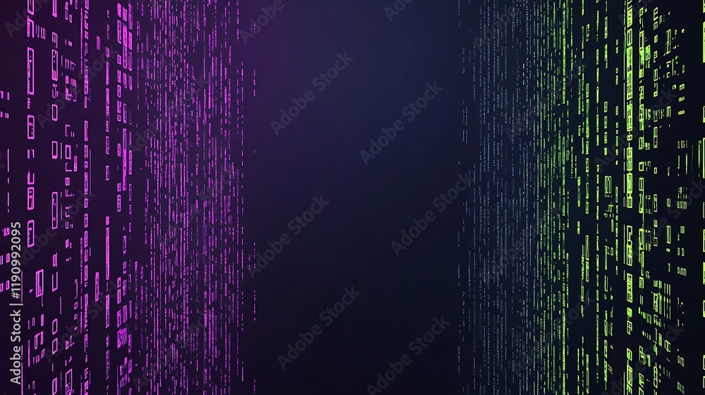 Poster Purple and green data streams flow in dark cyberspace, ideal for tech backgrounds