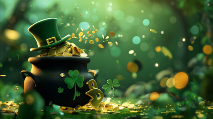 Pot of gold with shamrocks and leprechaun hat