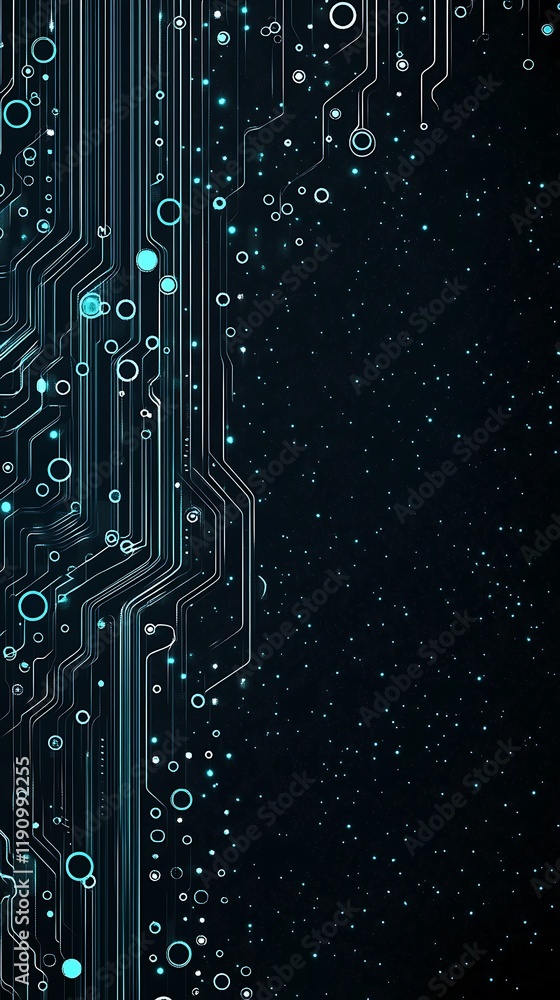 Poster Abstract glowing circuit board with data flow on dark background