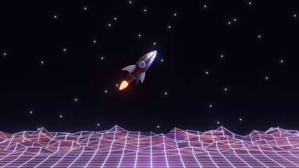abstract 3d render illustration with cartoon retro rocket in outer space
