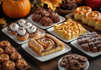 Assorted Homemade Baked Goods Displayed for Fall Season Festivities with Pumpkin and Decorative Leaves in Cozy Setting