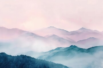 Serene mountain landscape with soft pastel hues and misty layers creating a tranquil atmosphere.