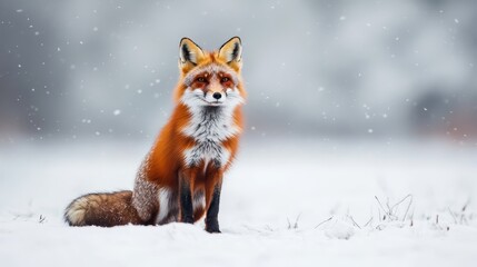 A Majestic Red Fox Sitting Gracefully in a Snowy Landscape Under Falling Snowflakes