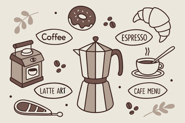 Coffee shop elements, hand-drawn style, vintage illustrations, coffee cups, espresso machine, coffee beans, latte art, donut, croissant, iced coffee, teapot, sugar jar, spoon, cafe menu, speech bubble