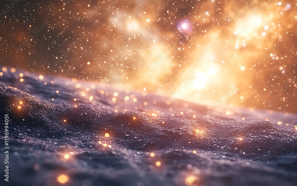 Poster Glowing particles on planet surface with nebula backdrop