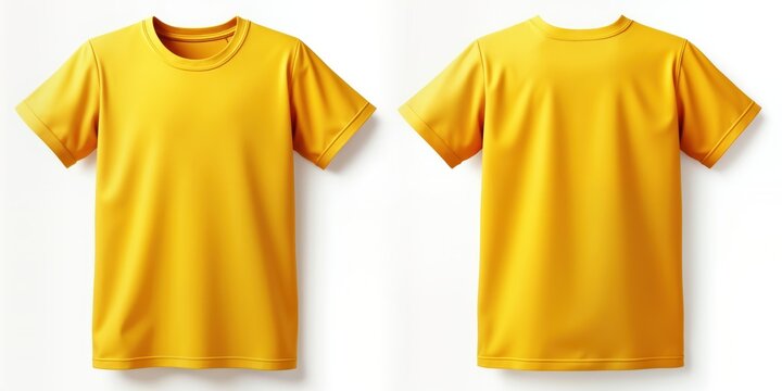 Blank yellow kids t-shirt mockup front, back view. Isolated on white background. Studio shot of plain light blue shirt. Casual attire. Empty template for design. Short sleeves. Ideal for apparel,