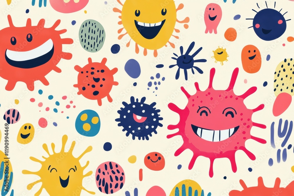 Fototapete colorful cartoon microbes with cheerful smiles on a light background creating a playful atmosphere. 