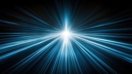 Fototapeta premium radiant burst of blue light beams outward, creating dynamic and energetic visual effect against dark background. luminous rays converge at central point, evoking sense of speed and motion