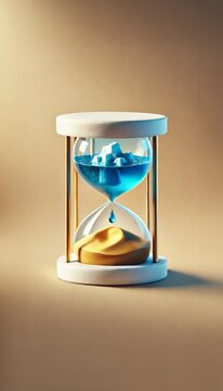 Iceberg glacier melting in a glass clock with a drop and a desert. Global warming. Drying up rivers and lakes, concept. Save the planet. Disappearance of water. Time and the end of life, creative