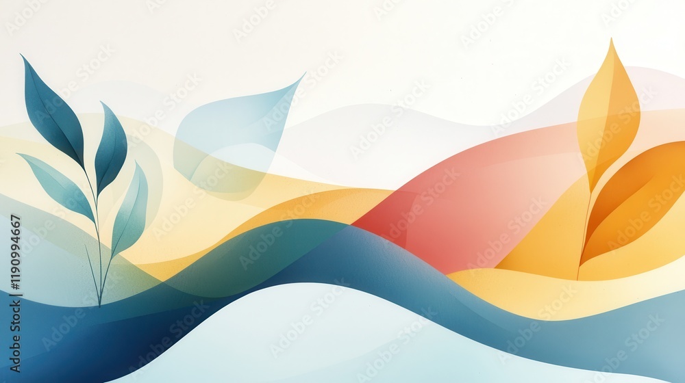 Poster abstract colorful waves with flowing shapes and leaves for creative background or design use