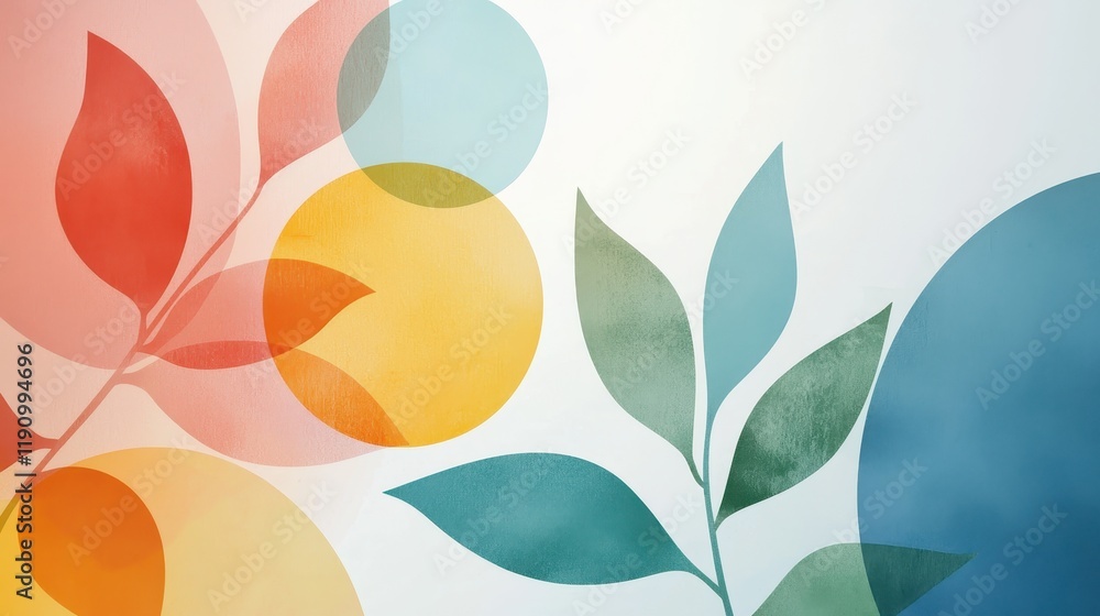 Poster colorful abstract composition with organic shapes and leaf patterns for modern design projects