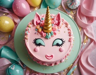 Obraz premium View of above of a colorful kid, blue, pink, cream, pan, milk, chocolate, strawberries birthday cake, with candles, unicorn, glaced sugar, sweets, candies, glasses, balloons, confettis