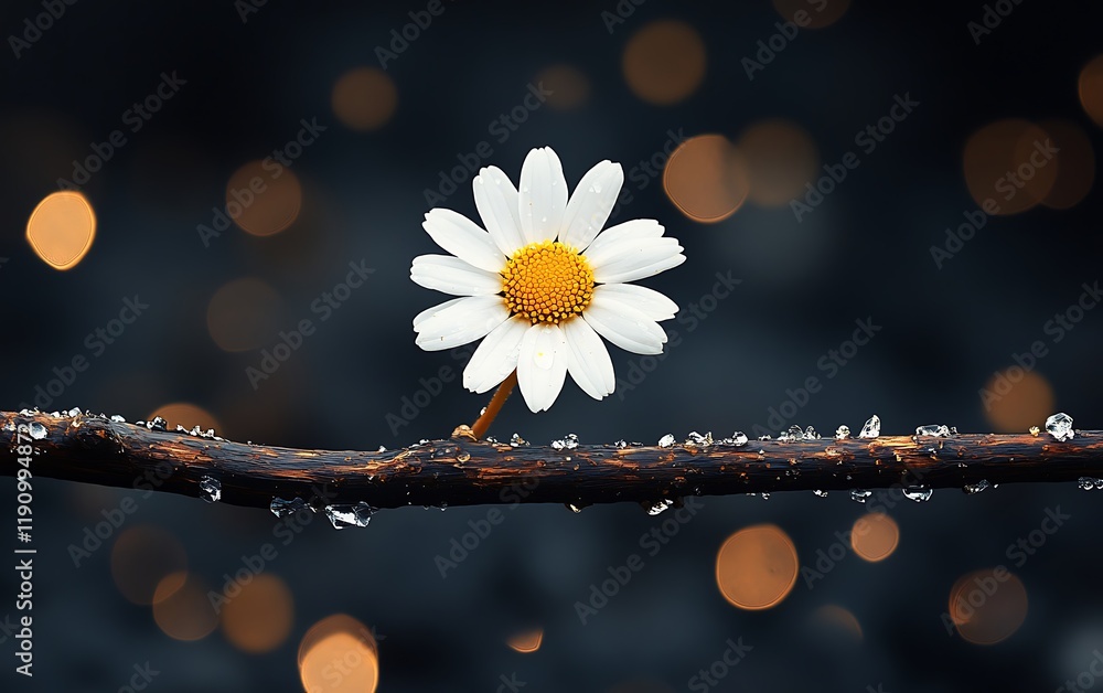 Aufkleber white daisy on wet branch with bokeh background, ideal for nature themes