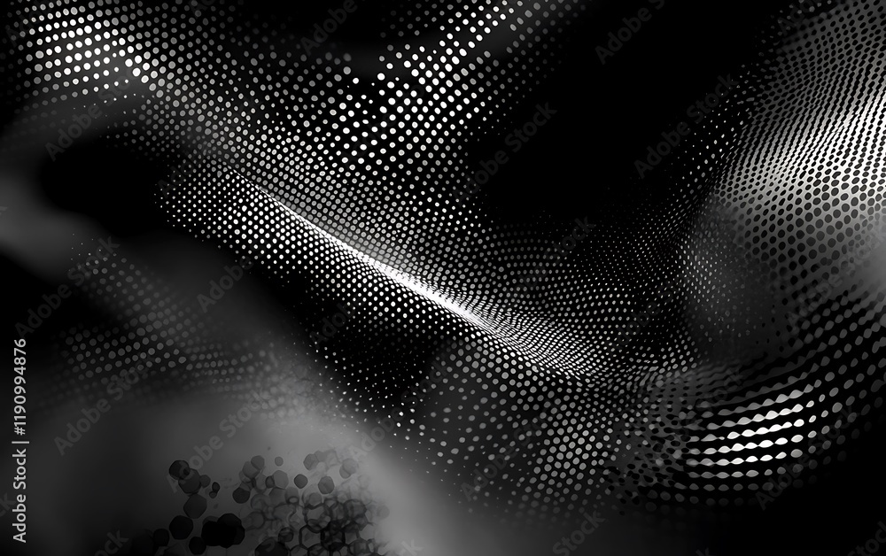 Poster abstract wave of glowing particles on dark background for digital art