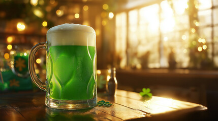 Green beer mug glowing on wooden table