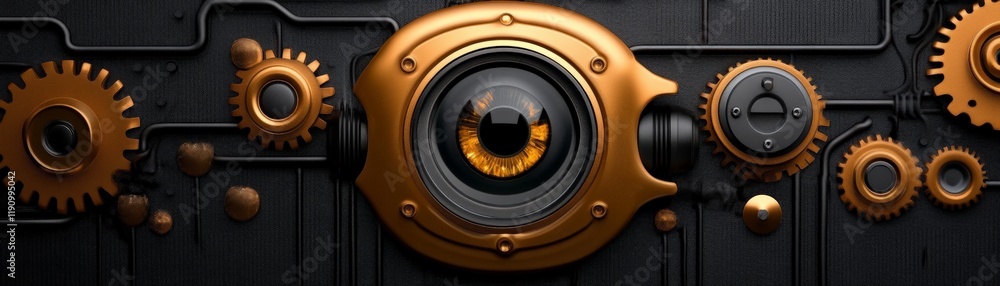 Poster steampunk cogs and eye: a close-up view of a stylized eye embedded within intricate steampunk gears,