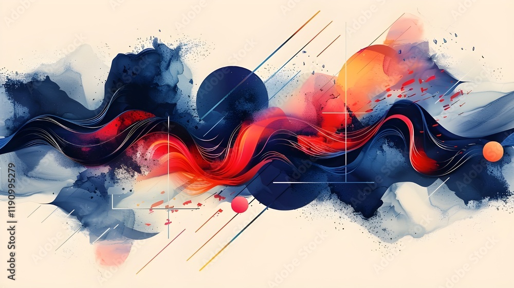 Aufkleber dynamic abstract waves in red and blue with splashes and circular elements