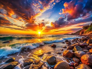 Fototapeta premium Rocky Sunset Beach, Gentle Waves, Bokeh, Coastal Scenery, Ocean View