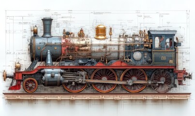 Fototapeta premium Detailed steam locomotive blueprint drawing.