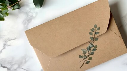Rustic Brown Envelope with Leaf Design on Marble Background for Invitations Concept - Powered by Adobe
