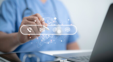 Doctor interacting with virtual icons like email and call symbols, illustrating digital...