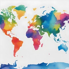 The vibrant watercolor world map features a variety of colors that blend. Each continent has its own unique color, enhancing its artistic appeal while highlighting global geography generative ai.