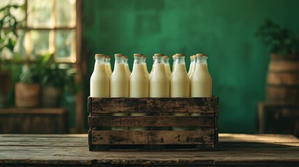 Wooden crate, milk bottles, rustic setting.