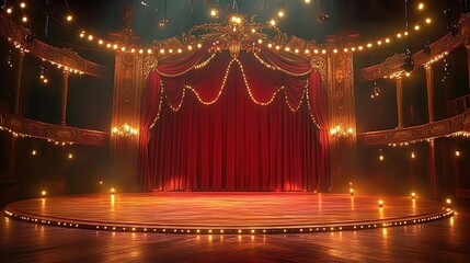 The red curtain of the stage is adorned with twinkling lights, creating an atmosphere reminiscent of a vintage circus style.