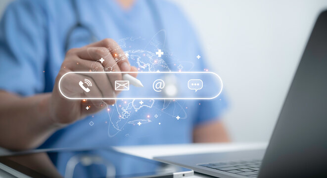 Doctor interacting with virtual icons like email and call symbols, illustrating digital communication in medical contexts. Perfect for showcasing telemedicine, connectivity and healthcare technology