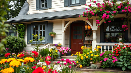 Charming Home with Vibrant Flower Garden: A Picturesque Exterior