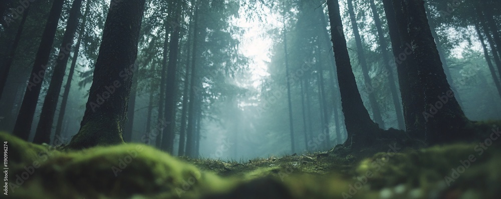 Aufkleber sunbeams filtering through fog in a mystical forest