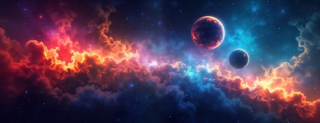 Colorful abstract space background shows vibrant nebulae, planets. Colorful clouds of space gas, dust swirl, mix. Planets float in cosmic space. Mysterious, beautiful celestial view. Perfect for