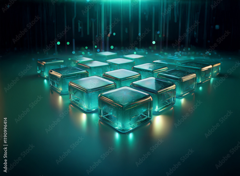 Leinwandbilder abstract digital art depicting a grid of luminous teal cubes on a dark surface, illuminated by glowi