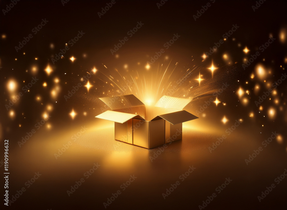 Poster a golden gift box radiates light and sparkles, creating a magical, celebratory scene. the box is ope