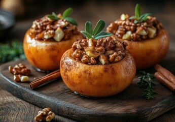 Baked Apples with Nut Filling and Spices on Dark Wooden Surface, Perfect for Autumn Dessert or Holiday Treat, Evoking Warmth and Comfort in Home Cooking