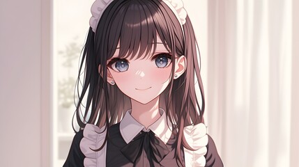 A friendly long-haired maid, captured in an anime style, with a warm and welcoming expression