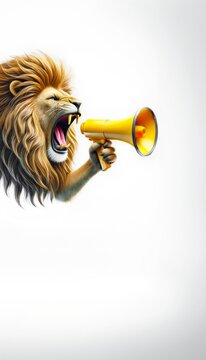 Cool beautiful lion holding and screaming into a yellow loudspeaker on a blue background. Business management and boss, a creative idea. Successful advertising and management, concept. Attention