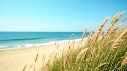 Serene beach scene with tall grasses in the foreground and clear blue sky. Perfect for nature, summer, and coastal-themed designs and projects.